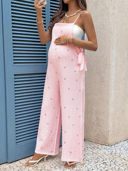 Pink Bow Print Maternity Jumpsuit – Boho Spaghetti Strap High Waist Loose Fit Wide Leg Overalls for Baby Shower, Photoshoot, & Beach Wear