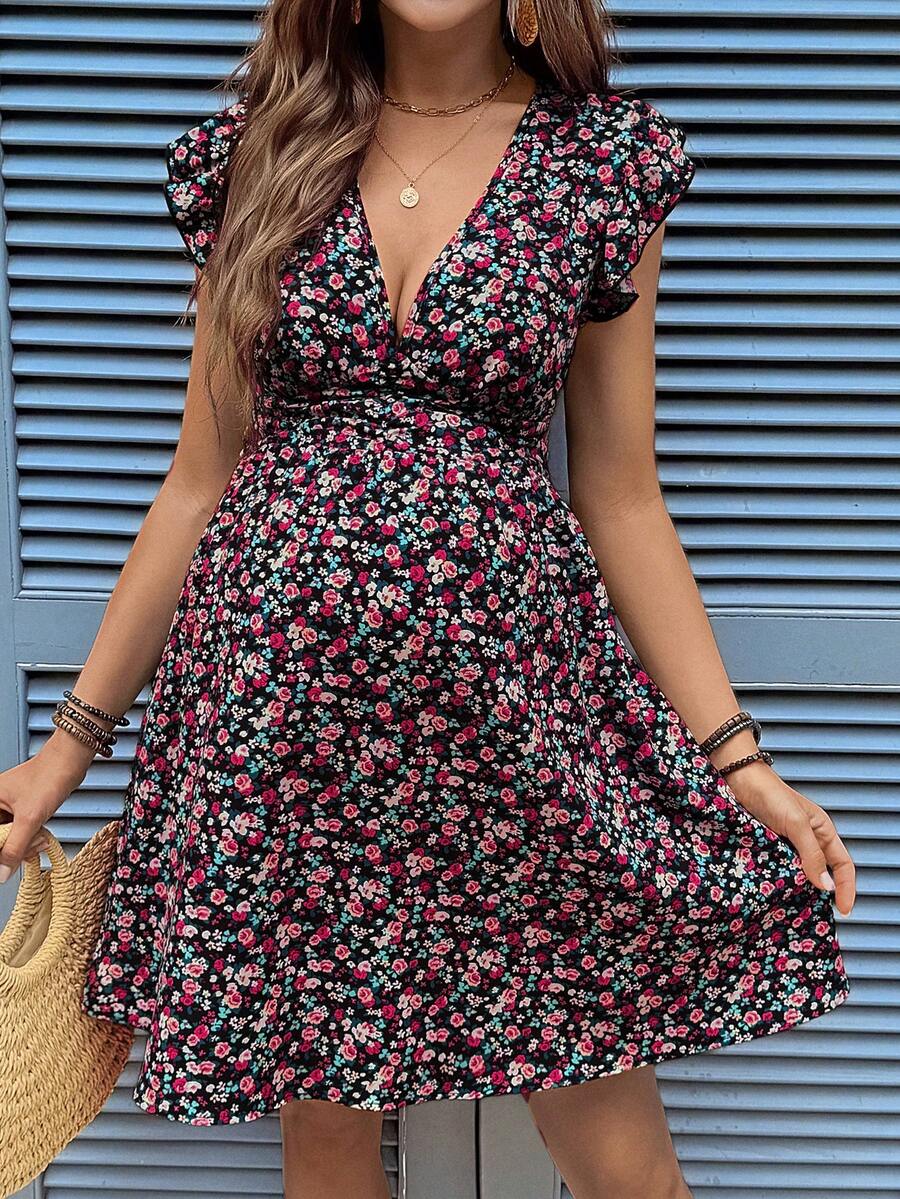 Purple Ditsy Floral V-Neck Maternity Mini Dress – Boho A-Line Summer Vacation Dress with Petal Sleeves and Ruffle Hem