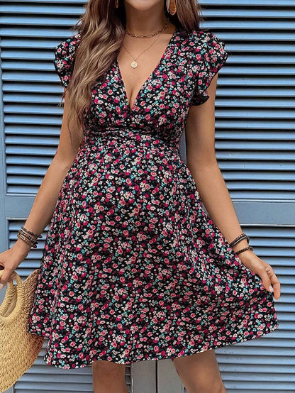 Purple Ditsy Floral Maternity Mini Dress with Deep V-Neck and Petal Cap Sleeves - Boho High Waist A-Line Summer Vacation Ruffle Hem Dress