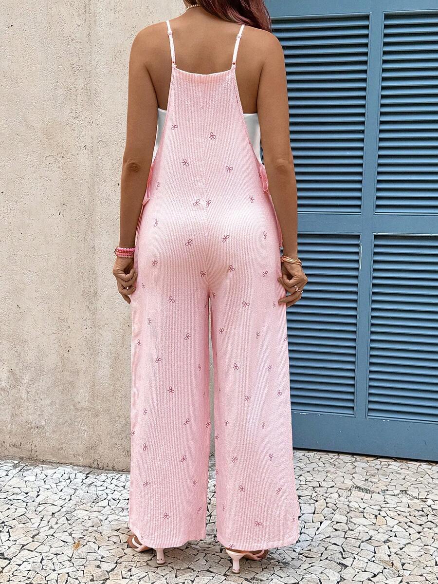 Pink Bow Print Maternity Jumpsuit – Boho Spaghetti Strap High Waist Loose Fit Wide Leg Overalls for Baby Shower, Photoshoot, & Beach Wear