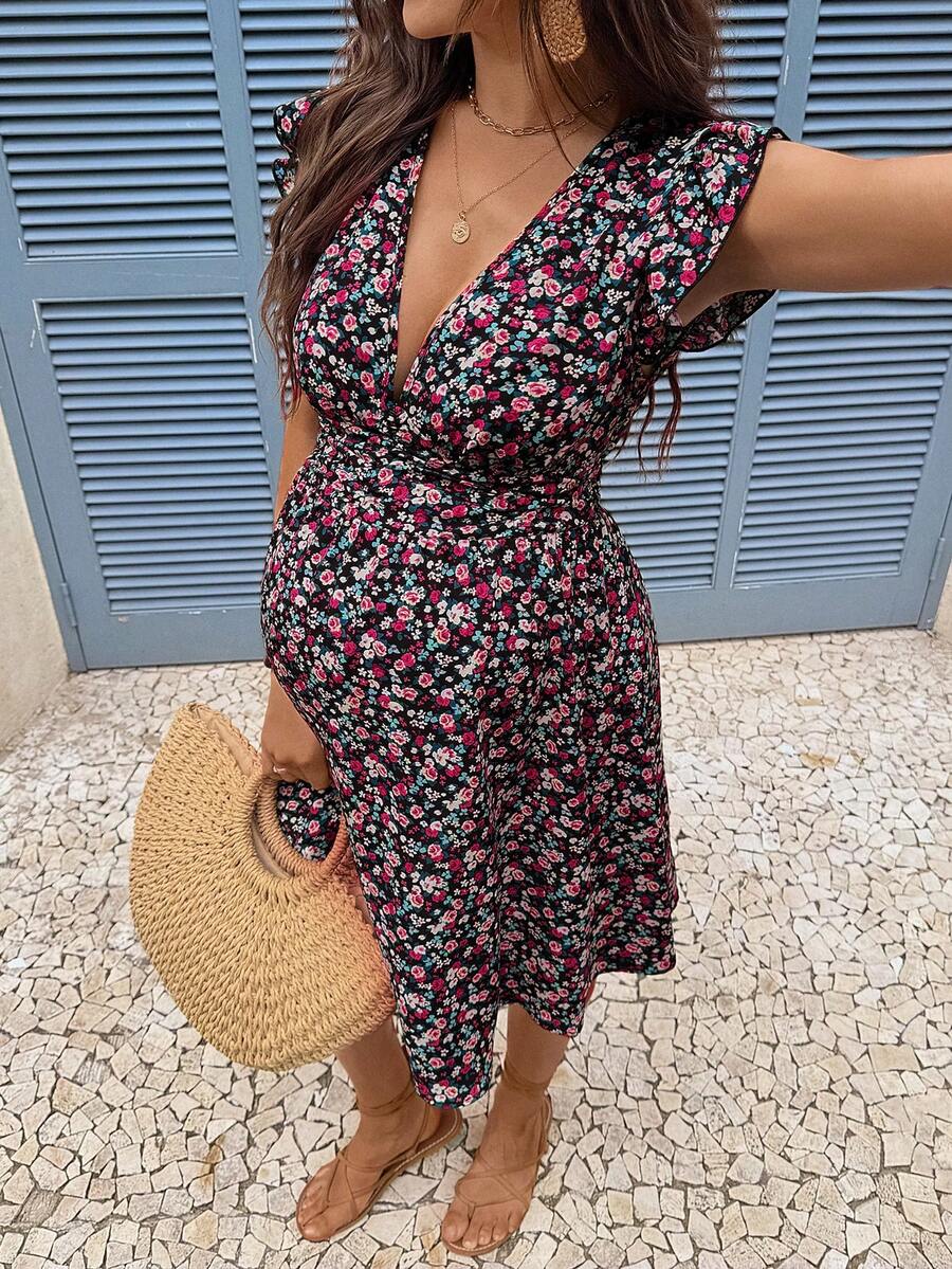 Purple Ditsy Floral V-Neck Maternity Mini Dress – Boho A-Line Summer Vacation Dress with Petal Sleeves and Ruffle Hem