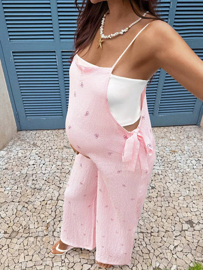 Pink Bow Print Maternity Jumpsuit – Boho Spaghetti Strap High Waist Loose Fit Wide Leg Overalls for Baby Shower, Photoshoot, & Beach Wear
