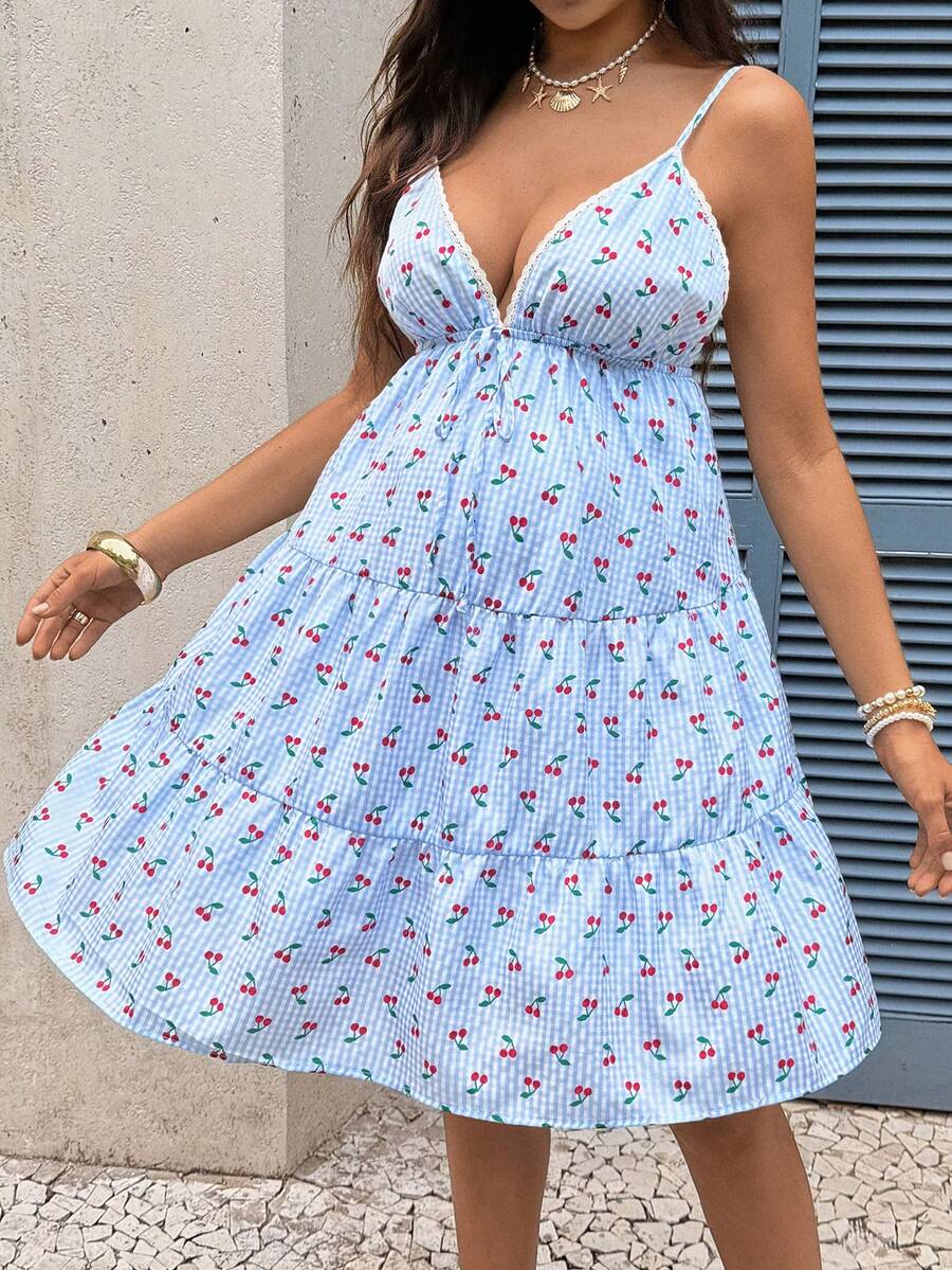 Blue Plaid Cherry Print Maternity Camisole Dress with Lace Trim and Tiered Hem – Boho Sleeveless High Waist Short Picnic Summer Dress