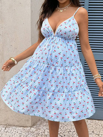 Blue Plaid Cherry Print Maternity Camisole Dress with Lace Trim and Tiered Hem – Boho Sleeveless High Waist Short Picnic Summer Dress