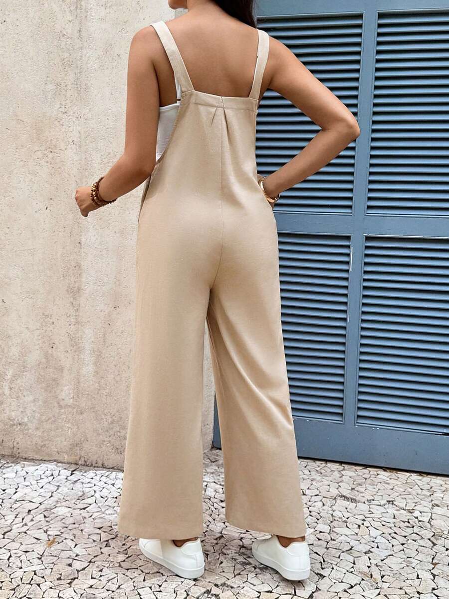 Light Khaki Maternity Button Down Pocket Jumpsuit - Minimalist Loose Fit Sleeveless High Waist Cotton Blend Overalls for Pregnancy