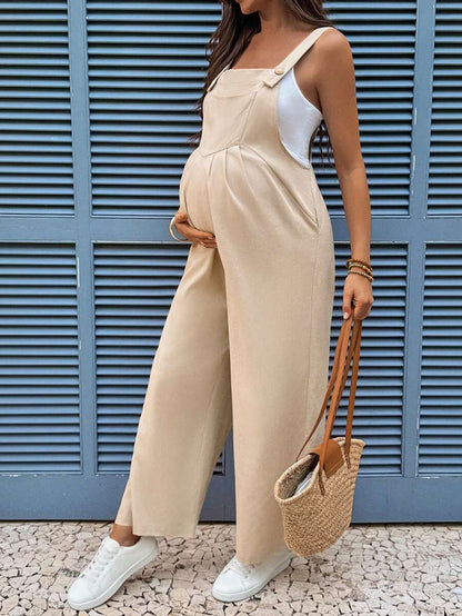 Light Khaki Maternity Button Down Pocket Jumpsuit - Minimalist Loose Fit Sleeveless High Waist Cotton Blend Overalls for Pregnancy