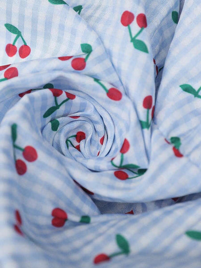 Blue Plaid Cherry Print Maternity Camisole Dress with Lace Trim and Tiered Hem – Boho Sleeveless High Waist Short Picnic Summer Dress