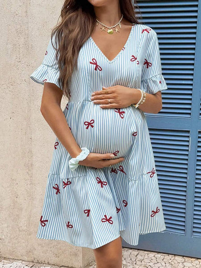 Blue and White Floral Striped Maternity Dress with Ruffle Flounce Sleeves and Loose Fit Hem Boho Beach Vacation Short Summer Dress