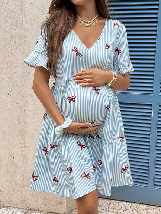 Blue and White Floral Striped Maternity Dress with Ruffle Flounce Sleeves and Loose Fit Hem Boho Beach Vacation Short Summer Dress