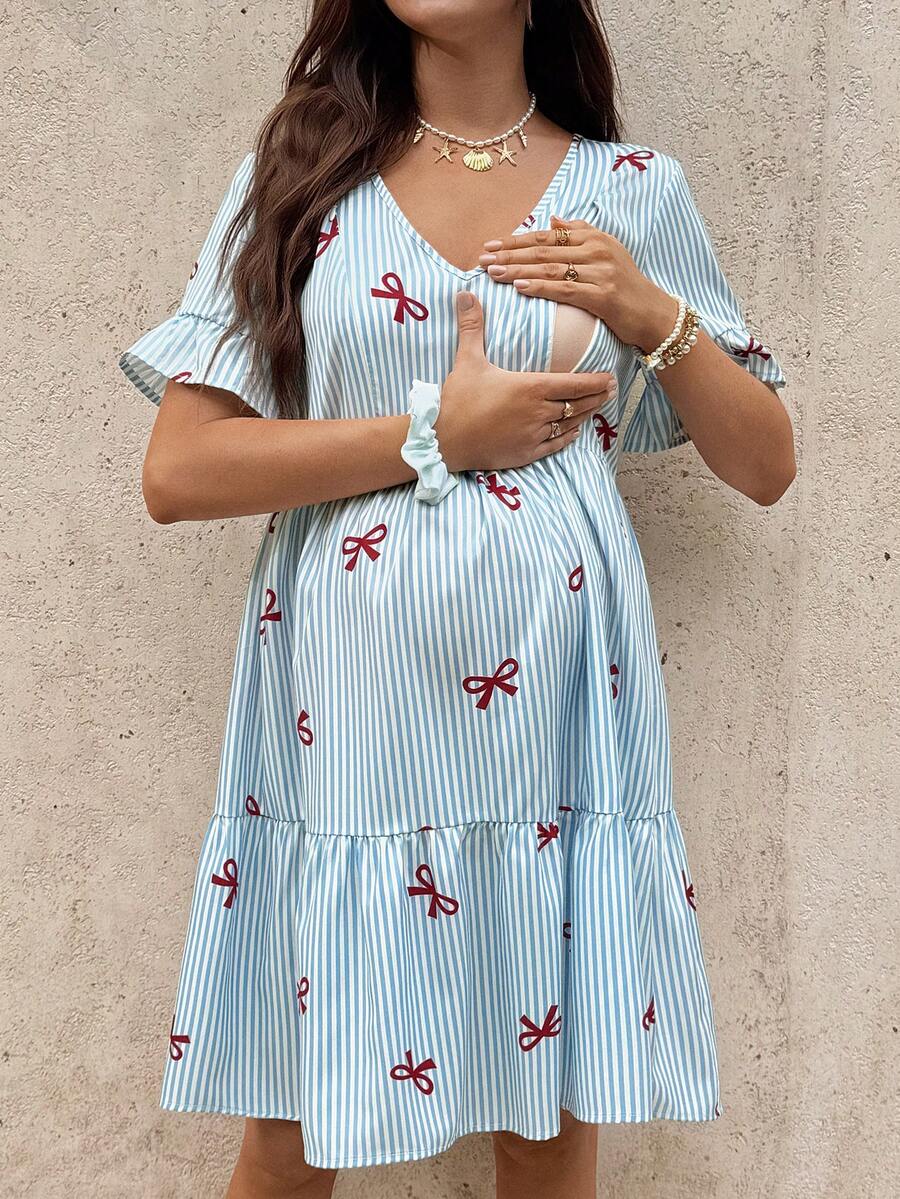 Maternity Striped Nursing Dress - V Neck, Flounce Sleeve, Ruffle Hem, Short, Green