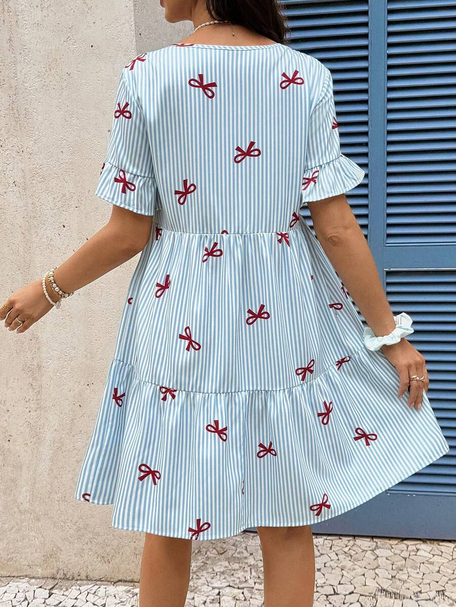 Blue Striped Maternity Nursing Dress with V-Neck Flounce Sleeves and Zipper Detail - Chic Short Casual Cotton Blend Office Dress
