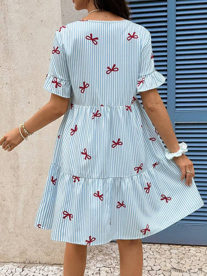 Blue Striped Maternity Nursing Dress with V-Neck Flounce Sleeves and Zipper Detail - Chic Short Casual Cotton Blend Office Dress