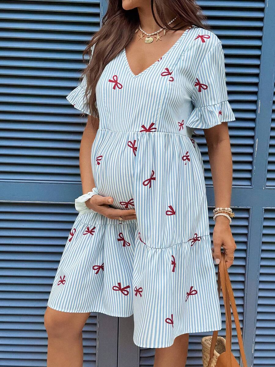 Blue and White Floral Striped Maternity Dress with Ruffle Flounce Sleeves and Loose Fit Hem Boho Beach Vacation Short Summer Dress
