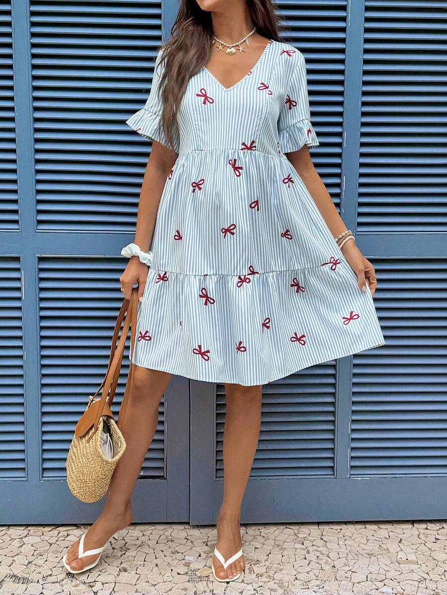 Blue and White Floral Striped Maternity Dress with Ruffle Flounce Sleeves and Loose Fit Hem Boho Beach Vacation Short Summer Dress
