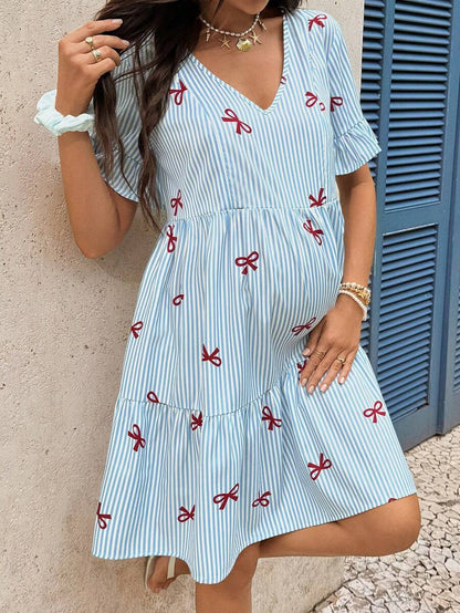 Blue and White Floral Striped Maternity Dress with Ruffle Flounce Sleeves and Loose Fit Hem Boho Beach Vacation Short Summer Dress