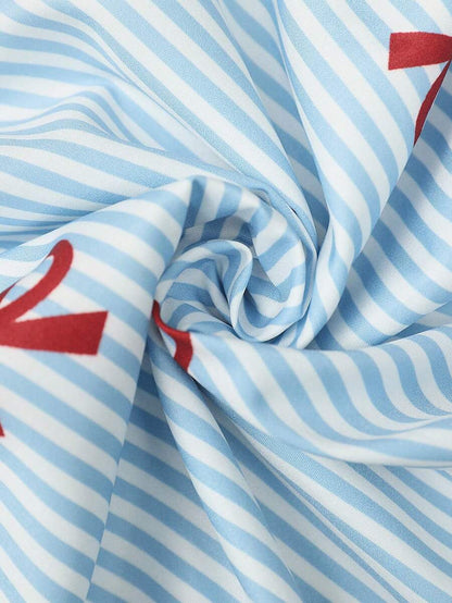 Blue Striped Maternity Nursing Dress with V-Neck Flounce Sleeves and Zipper Detail - Chic Short Casual Cotton Blend Office Dress