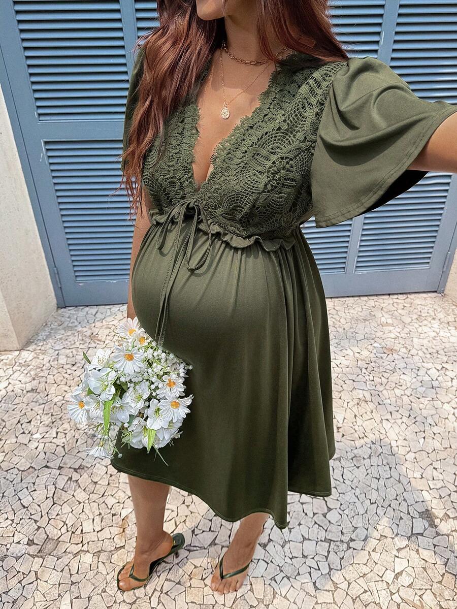 Green Lace Patchwork Maternity Summer Dress – Elegant Deep V-Neck Puff Sleeve High Waist A-Line Knee Length Dress for Beach & Vacay