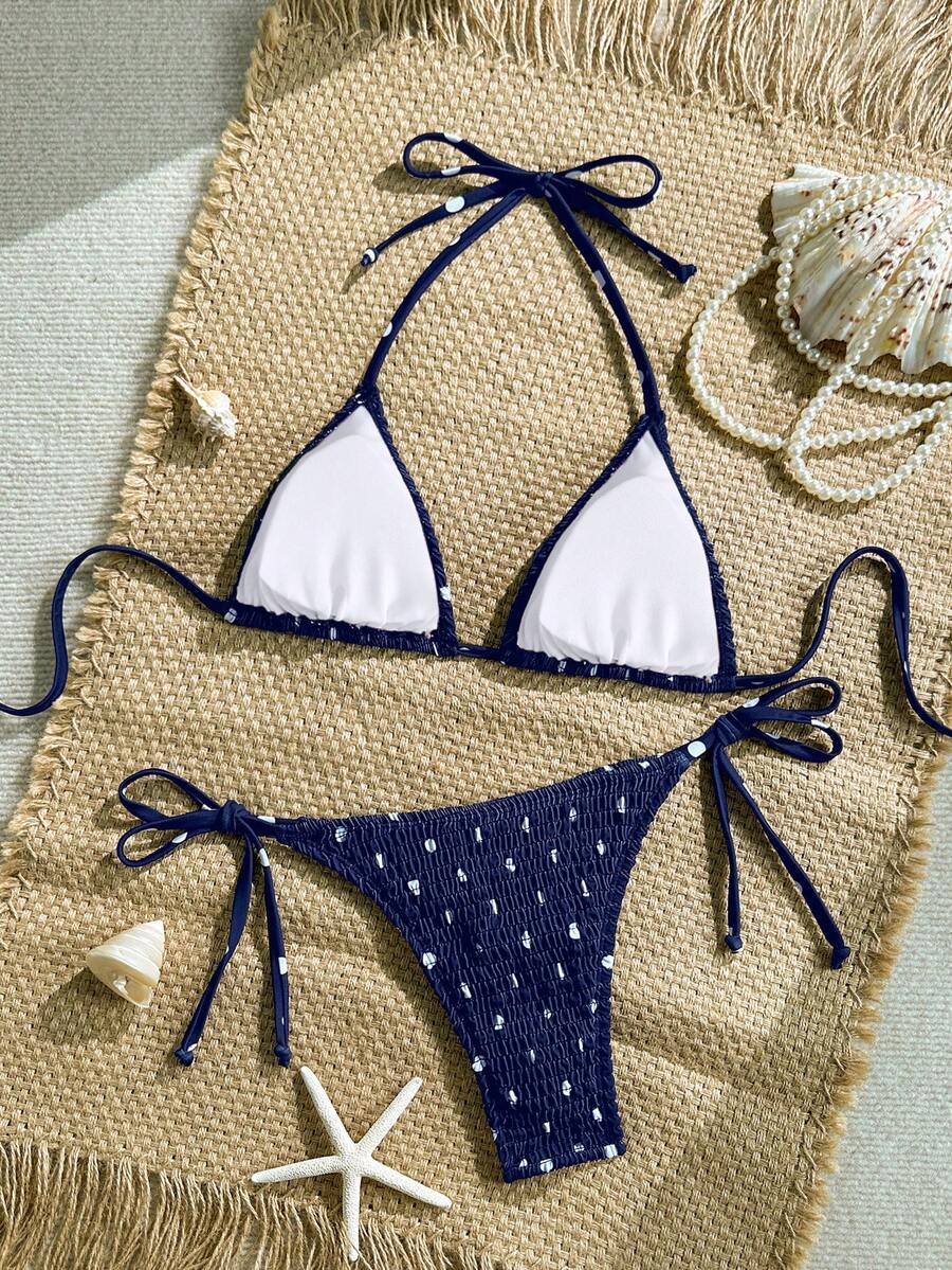 Swim Vcay Women's Ruched Tropical Print Halter Neck Tied Swimsuit And Bikini Set, Summer Beach Vacation