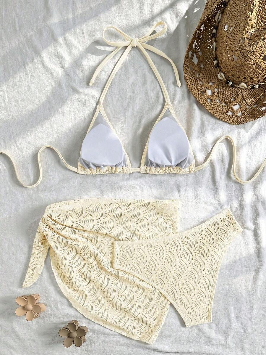 Women's 3-Piece Solid Halter Bikini Set - Knot Detail, Skirt Cover-Up, Triangle Cup, Red