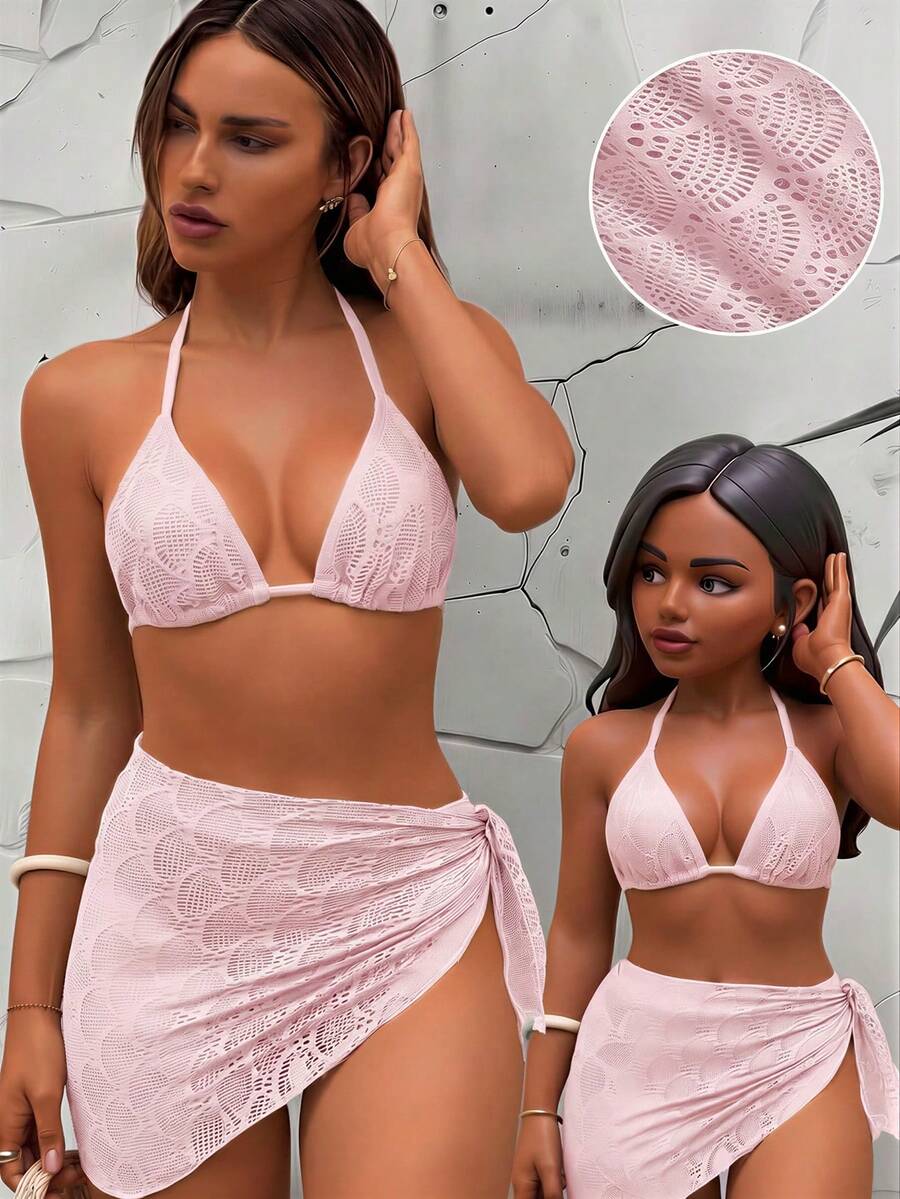 Women's 3-Piece Solid Halter Bikini Set - Knot Detail, Skirt Cover-Up, Triangle Cup, Red
