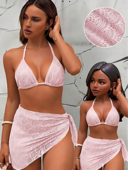 Women's 3-Piece Solid Halter Bikini Set - Knot Detail, Skirt Cover-Up, Triangle Cup, Red