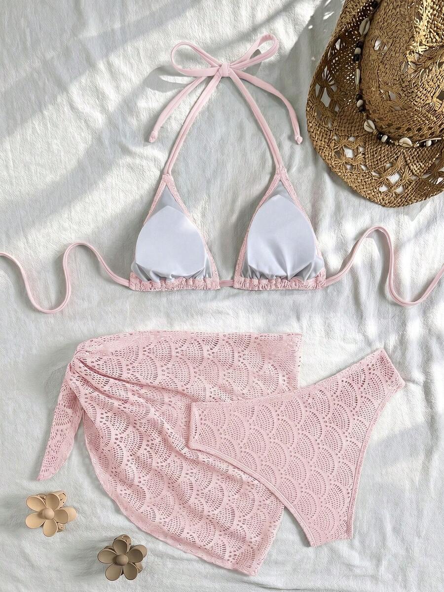 Women's 3-Piece Solid Halter Bikini Set - Knot Detail, Skirt Cover-Up, Triangle Cup, Red