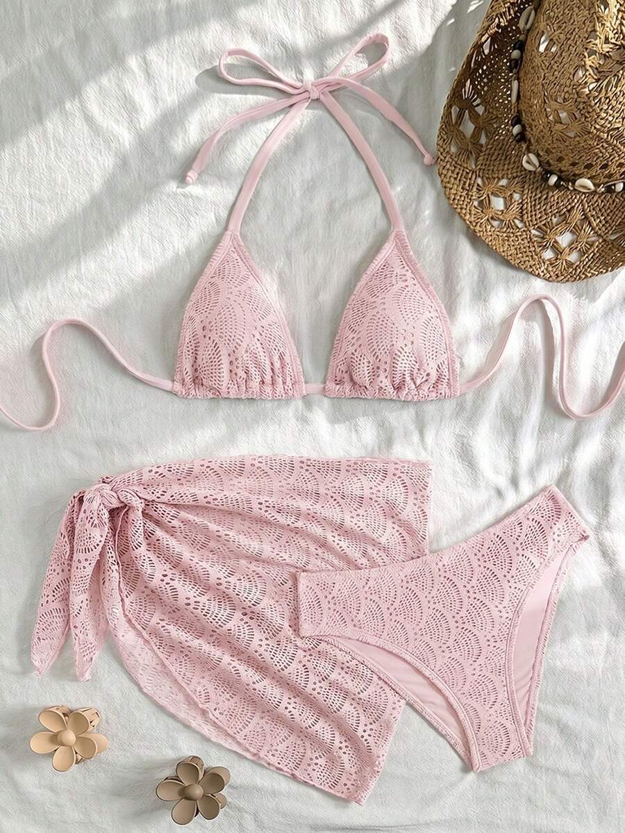 Women's 3-Piece Solid Halter Bikini Set - Knot Detail, Skirt Cover-Up, Triangle Cup, Red