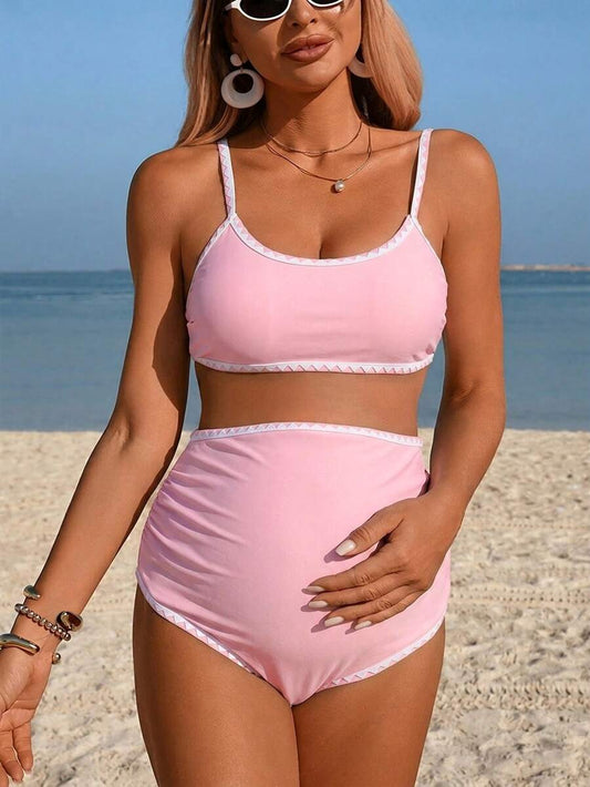 Maternity Bikini Set - Sawtooth Contrast Color Stretch Two Piece Beach Resort, Black