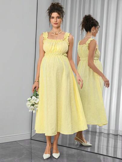Maternity A-Line Midi Dress - Strap, Sleeveless, Ruched, Flounce Hem, Regular Fit, Yellow