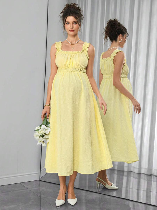 Maternity A-Line Midi Dress - Strap, Sleeveless, Ruched, Flounce Hem, Regular Fit, Yellow