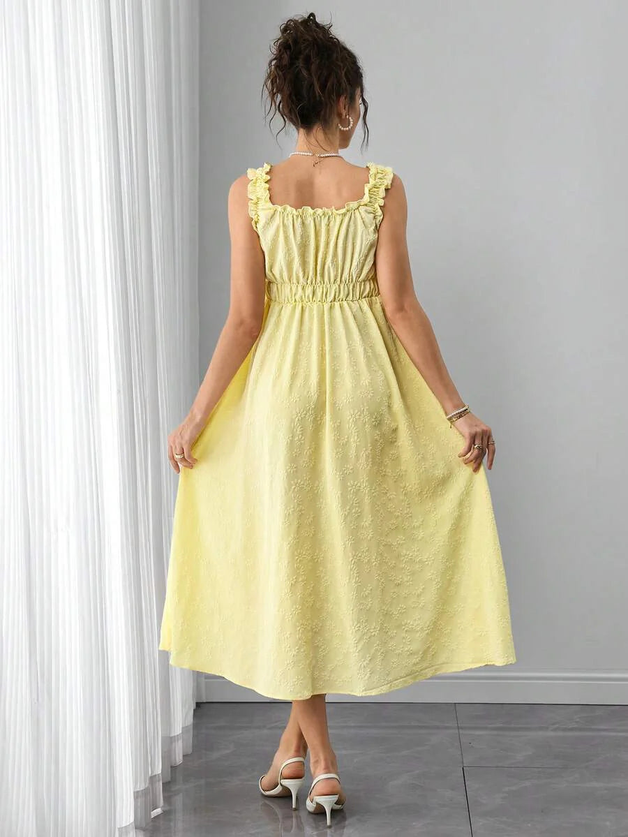 Maternity A-Line Midi Dress - Strap, Sleeveless, Ruched, Flounce Hem, Regular Fit, Yellow