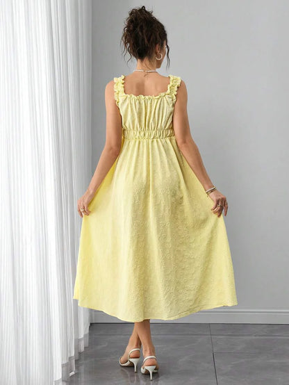 Maternity A-Line Midi Dress - Strap, Sleeveless, Ruched, Flounce Hem, Regular Fit, Yellow