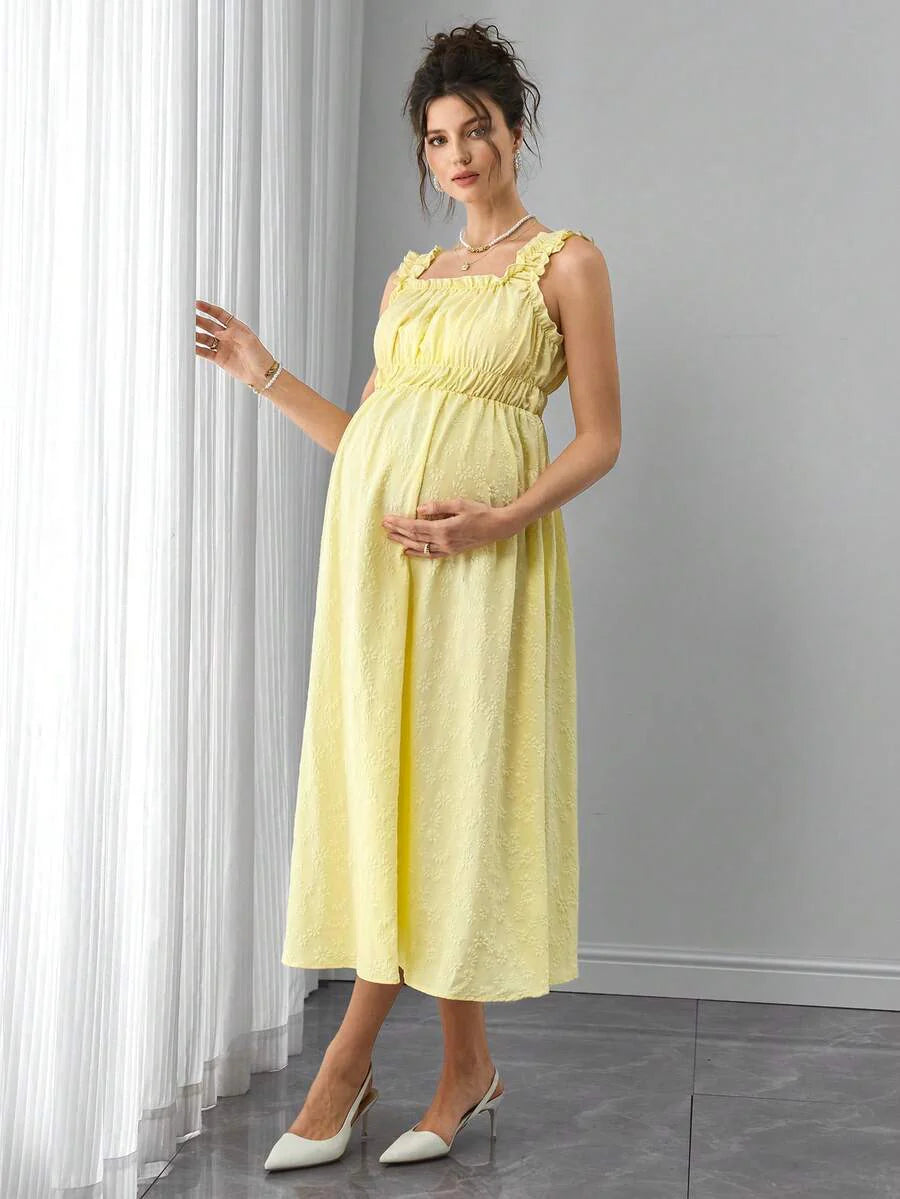 Maternity A-Line Midi Dress - Strap, Sleeveless, Ruched, Flounce Hem, Regular Fit, Yellow