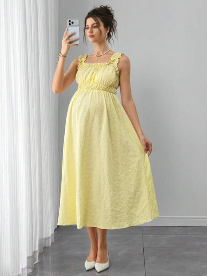 Maternity A-Line Midi Dress - Strap, Sleeveless, Ruched, Flounce Hem, Regular Fit, Yellow