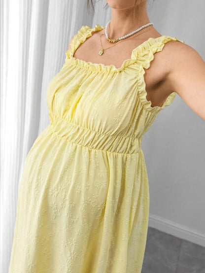 Maternity A-Line Midi Dress - Strap, Sleeveless, Ruched, Flounce Hem, Regular Fit, Yellow