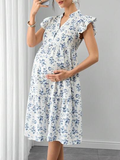 Maternity Floral Nursing Dress - Stand Collar, Cap Flounce Sleeve, Knee Length, Blue