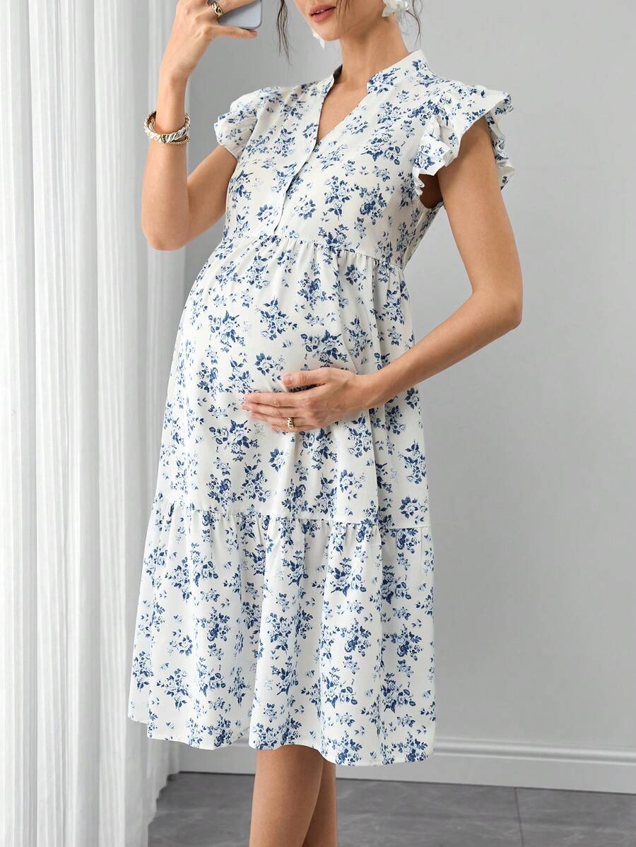 Maternity Floral Nursing Dress - Stand Collar, Cap Flounce Sleeve, Knee Length, Blue