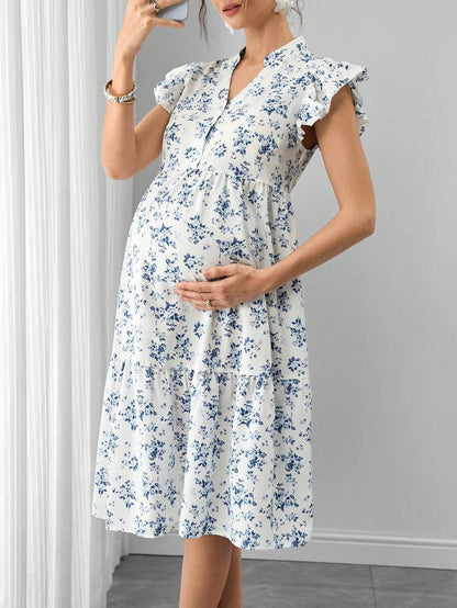 Maternity Floral Nursing Dress - Stand Collar, Cap Flounce Sleeve, Knee Length, Blue