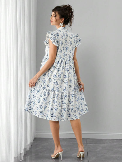 Maternity Floral Nursing Dress - Stand Collar, Cap Flounce Sleeve, Knee Length, Blue