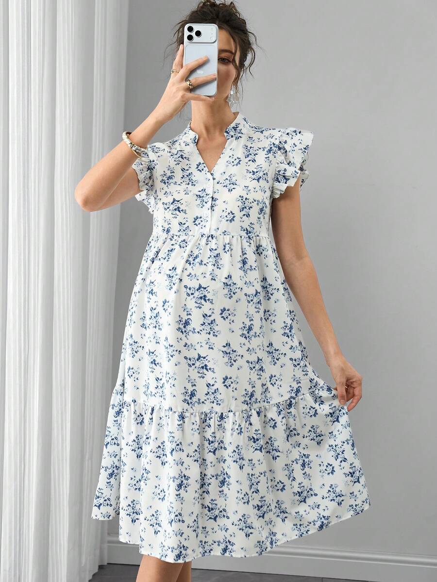 Maternity Floral Nursing Dress - Stand Collar, Cap Flounce Sleeve, Knee Length, Blue