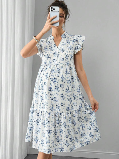 Maternity Floral Nursing Dress - Stand Collar, Cap Flounce Sleeve, Knee Length, Blue