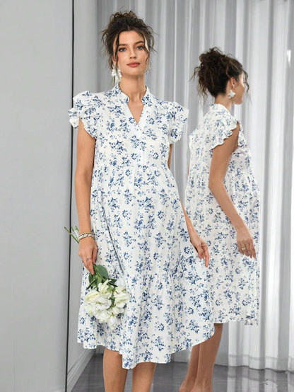 Maternity Floral Nursing Dress - Stand Collar, Cap Flounce Sleeve, Knee Length, Blue
