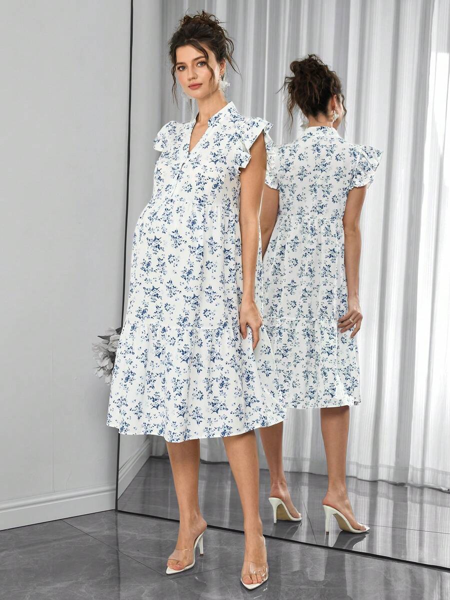 Maternity Floral Nursing Dress - Stand Collar, Cap Flounce Sleeve, Knee Length, Blue