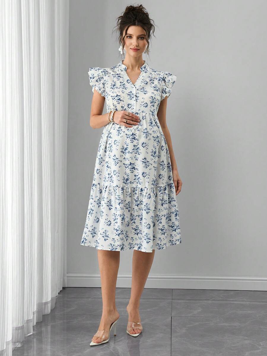 Maternity Floral Nursing Dress - Stand Collar, Cap Flounce Sleeve, Knee Length, Blue
