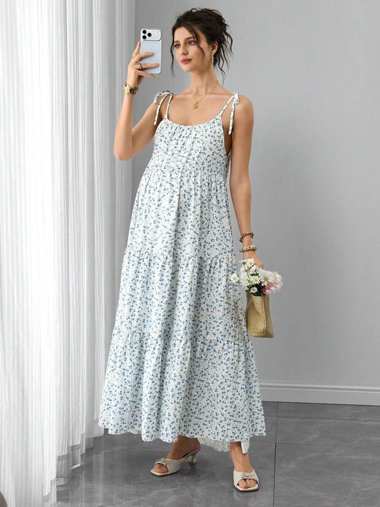 Maternity Ditsy Floral Cami Long Dress - Spaghetti Strap, Lace Up, Flounce Hem, Boho, Apricot