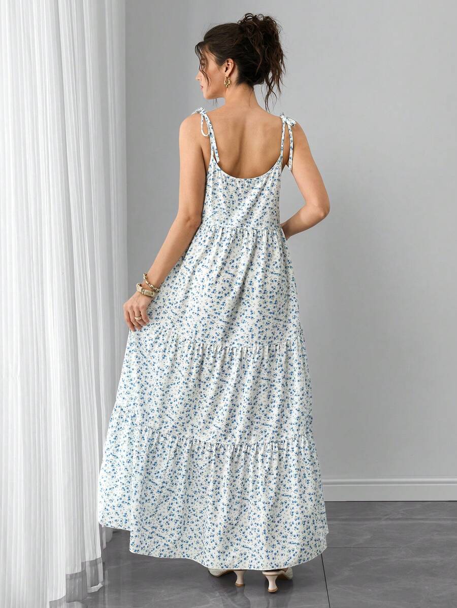 Maternity Ditsy Floral Cami Long Dress - Spaghetti Strap, Lace Up, Flounce Hem, Boho, Apricot