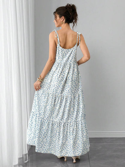 Maternity Ditsy Floral Cami Long Dress - Spaghetti Strap, Lace Up, Flounce Hem, Boho, Apricot