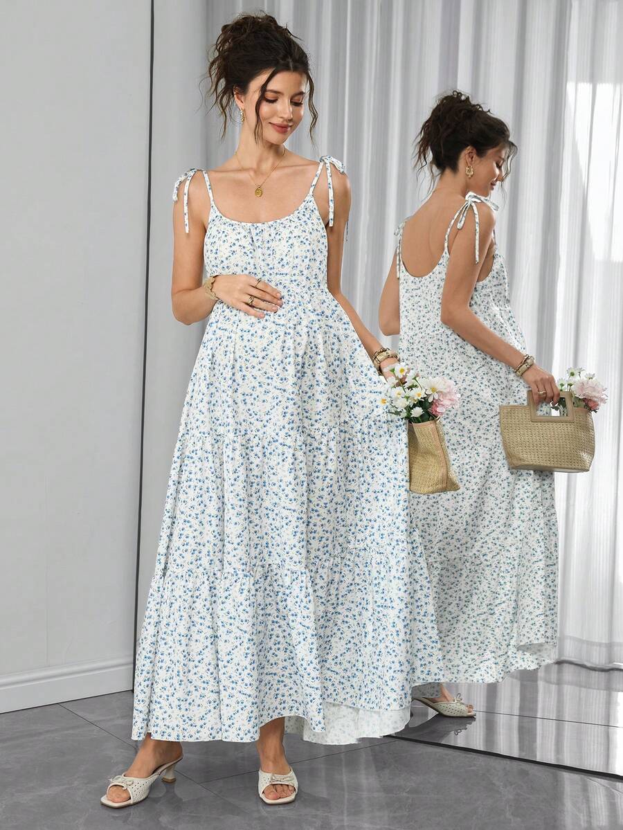 Maternity Ditsy Floral Cami Long Dress - Spaghetti Strap, Lace Up, Flounce Hem, Boho, Apricot
