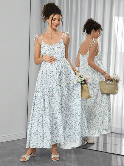 Maternity Ditsy Floral Cami Long Dress - Spaghetti Strap, Lace Up, Flounce Hem, Boho, Apricot