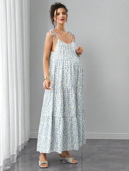 Maternity Ditsy Floral Cami Long Dress - Spaghetti Strap, Lace Up, Flounce Hem, Boho, Apricot